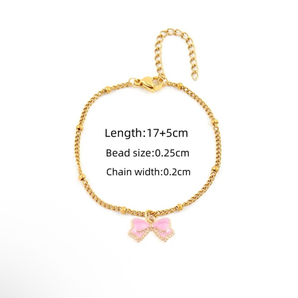 Gold Bracelet with Pink Bow Charm- stainless steel